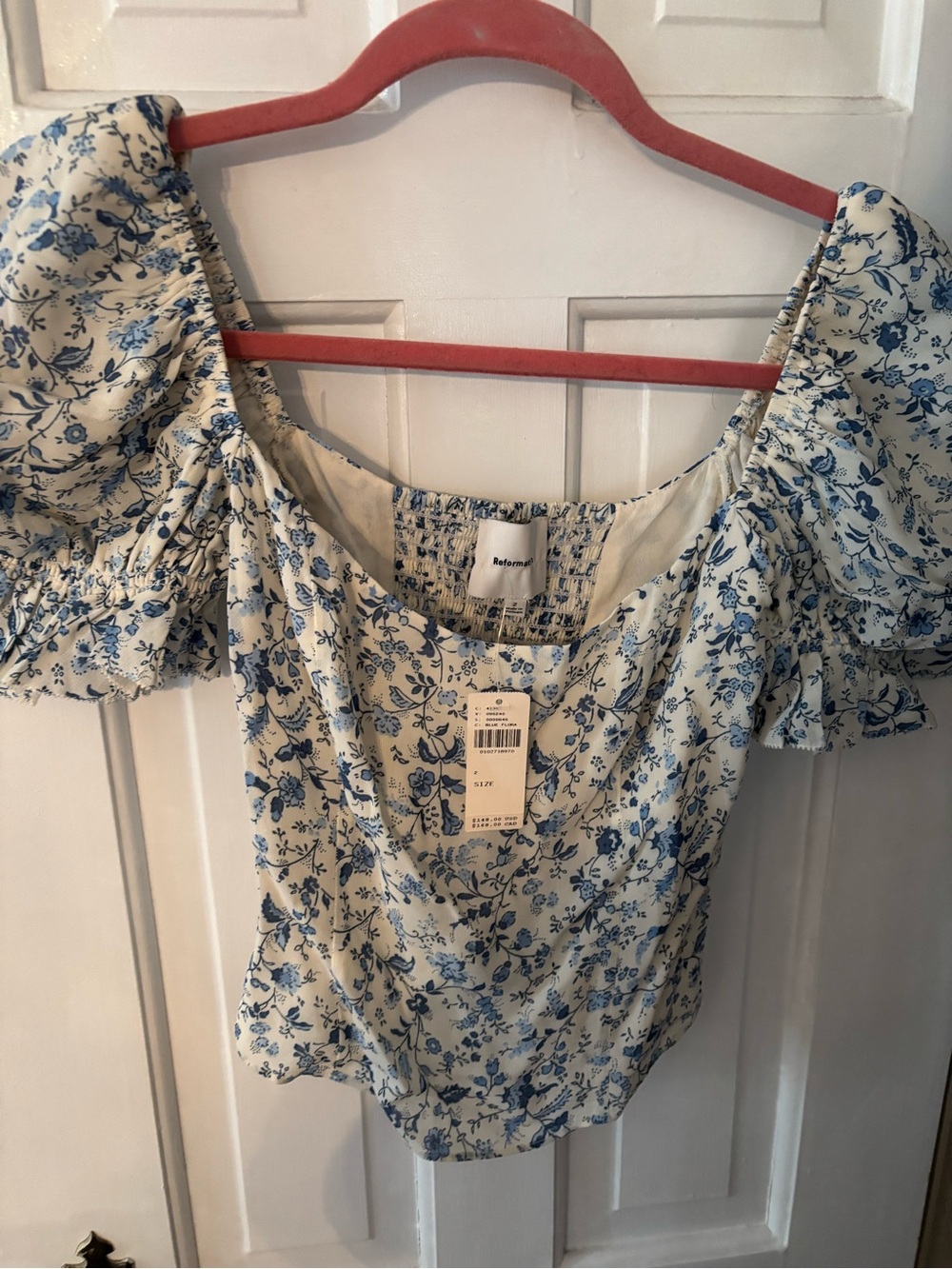 Reformation Cream Blouse with Blue Floral Puff Sleeves